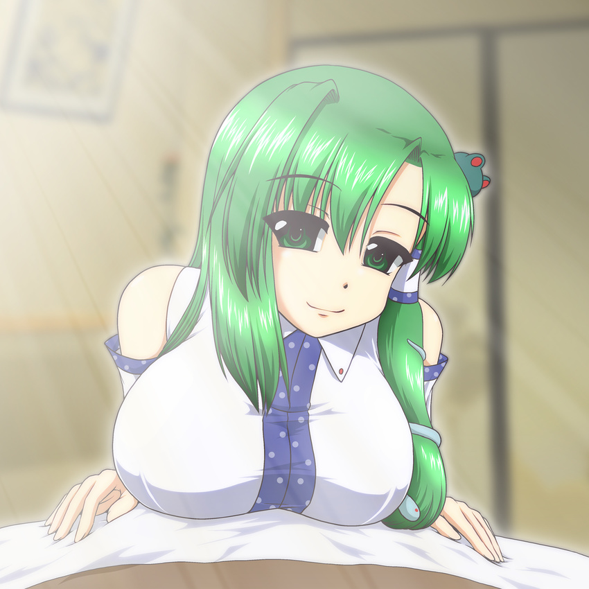 bare_shoulders breast_rest breasts closed_mouth detached_sleeves face frog_hair_ornament green_eyes green_hair hair_ornament hair_tubes highres kingindou_yumeji kochiya_sanae large_breasts looking_at_viewer smile snake solo touhou upper_body