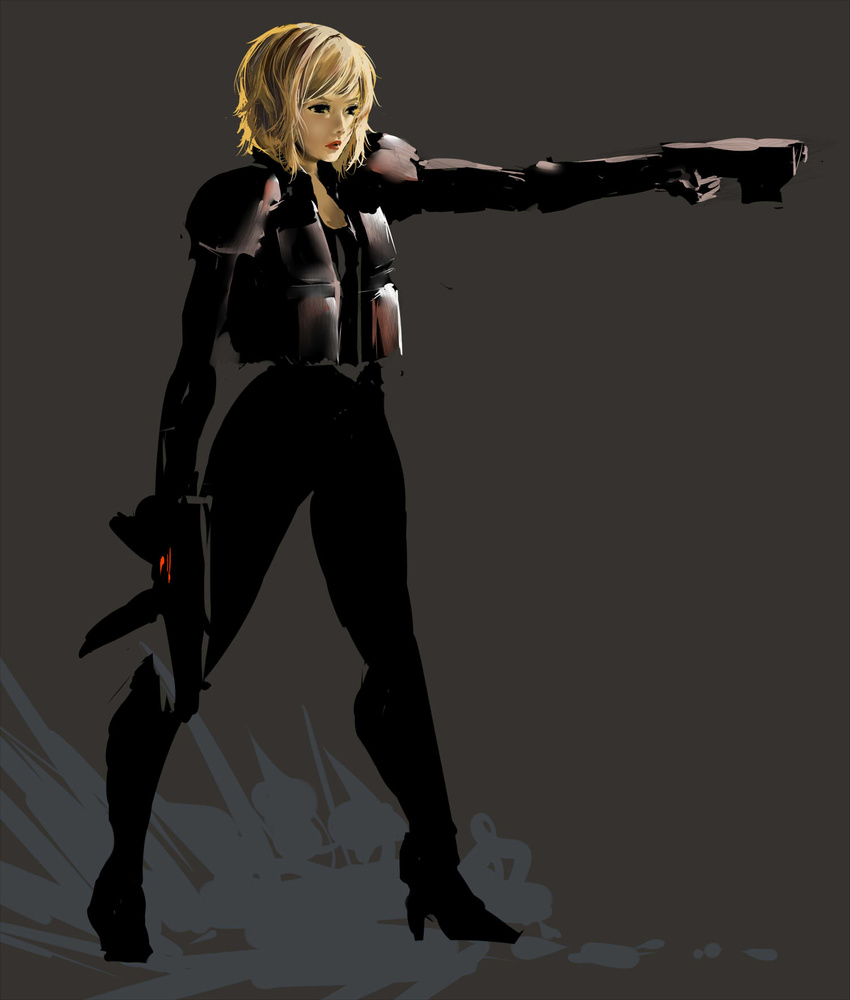 2000_ad armor black_eyes blonde_hair bob_cut dredd empty_eyes gun high_heels highres joon_(joonkim) judge judge_anderson lawgiver lips machine_gun police science_fiction shoes shoulder_pads solo uniform vest weapon