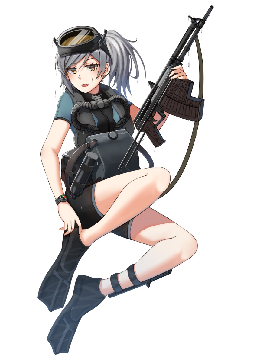 1girl aps_rifle assault_rifle blush breasts brown_eyes commentary_request dripping flippers girls_frontline goggles goggles_on_head grey_hair gun highres holding holding_weapon knife long_hair ndtwofives original rifle side_ponytail simple_background solo watch water_drop weapon wetsuit white_background wristwatch