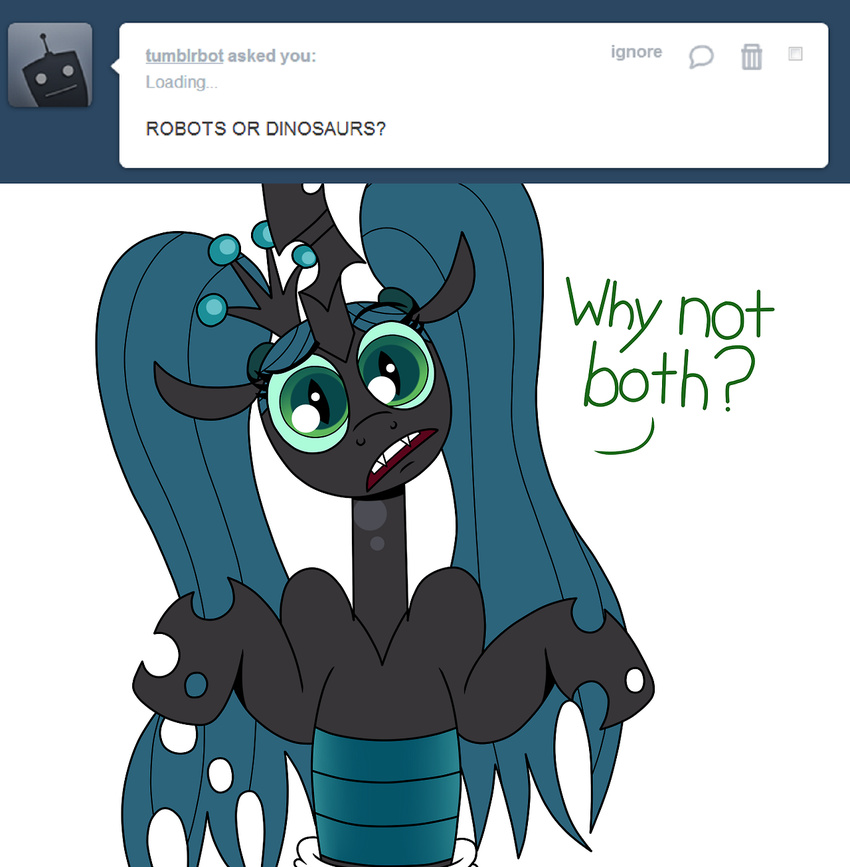 2013 ask_crinkle_bottom_chrysalis changeling crinklebottomchrysalis dialog diaper english_text equine fangs female feral friendship_is_magic green_eyes green_hair hair holes horn looking_at_viewer mammal my_little_pony queen_chrysalis queen_chrysalis_(mlp) solo text tumblr twintails