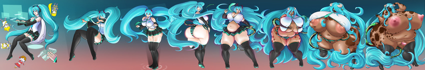 big_breasts big_lips blue_hair bovine breasts cattle clitoris cyan_hair detached_sleeves enlarged_clitoris expansion female green_hair hair hatsune_miku horn huge_breasts hyper hyper_breasts hyper_nipples jacques00 lactating legwear lips long_hair mammal morbidly_obese nipples obese overweight panties pleated_skirt pussy pussy_juice sequence solo spots stockings striped_panties transformation underwear vocaloid wide_hips zettai_ryouiki
