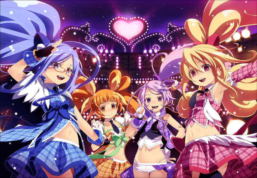 aida_mana armpits bare_shoulders blonde_hair blue_bow blue_eyes blue_hair bow brown_eyes cure_diamond cure_heart cure_rosetta cure_sword detached_sleeves dokidoki!_precure earrings fingerless_gloves glasses gloves hishikawa_rikka jewelry kenzaki_makoto midriff multiple_girls navel necktie night night_sky orange_hair pink_bow pink_sleeves plaid plaid_skirt ponytail precure purple_eyes purple_hair red_eyes ribbon short_shorts shorts skirt sky star_(sky) tasaka_shinnosuke twintails yotsuba_alice