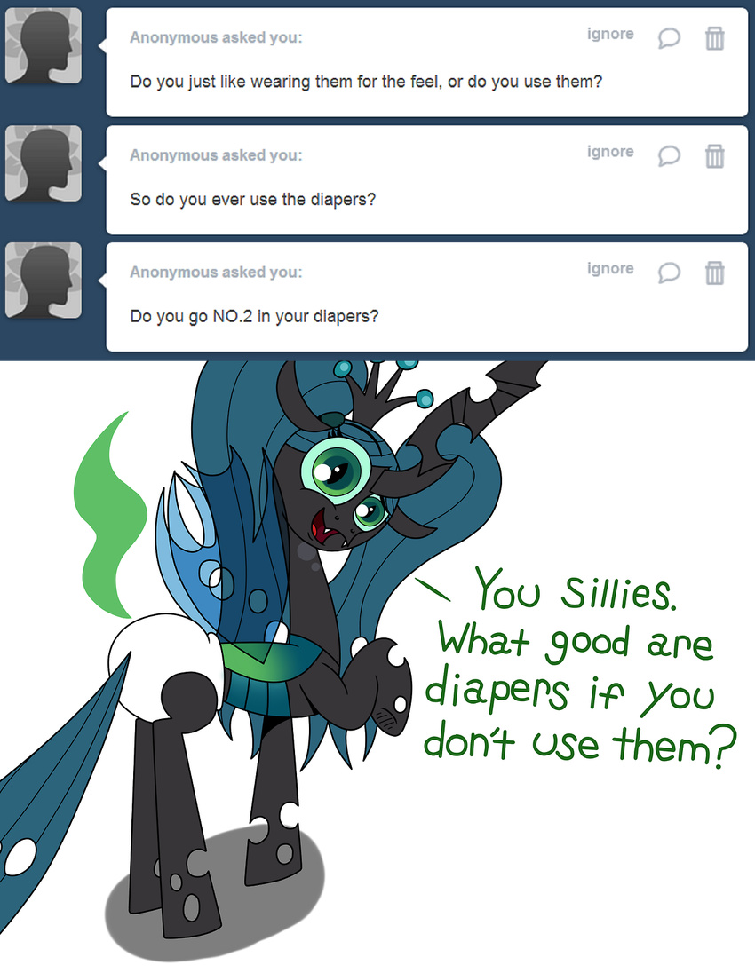 2013 ask_crinkle_bottom_chrysalis changeling clothing crinklebottomchrysalis dialog diaper english_text equine eyes_closed fangs female feral friendship_is_magic green_eyes green_hair hair holes horn mammal my_little_pony queen_chrysalis queen_chrysalis_(mlp) solo text tumblr twintails wings