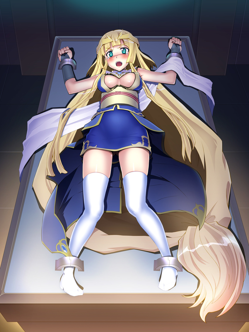 absurdly_long_hair absurdres arksign bare_shoulders blonde_hair blush boots breasts bridal_gauntlets full_body green_eyes highres kimura_shigetaka long_hair low-tied_long_hair medium_breasts open_mouth restrained shawl solo stationary_restraints tears thigh_boots thighhighs very_long_hair yui_(arksign)