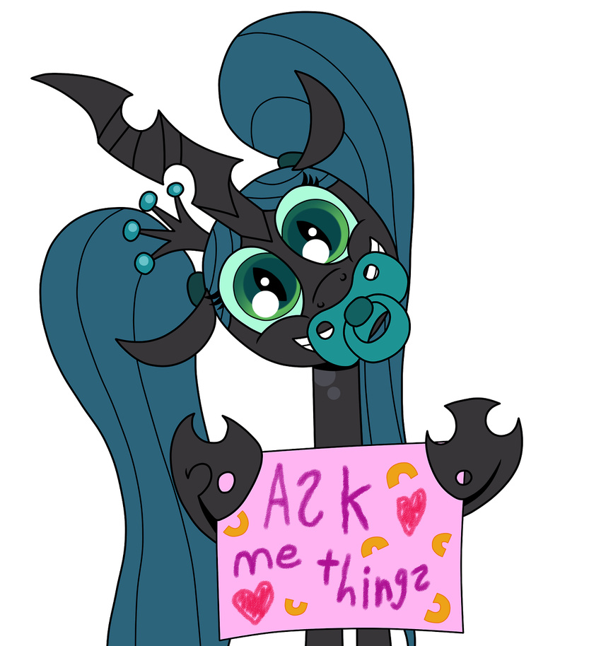 2013 ask_crinkle_bottom_chrysalis changeling crinklebottomchrysalis english_text female feral friendship_is_magic green_eyes green_hair hair holes horn my_little_pony pacifier plain_background queen_chrysalis queen_chrysalis_(mlp) solo text twintails white_background