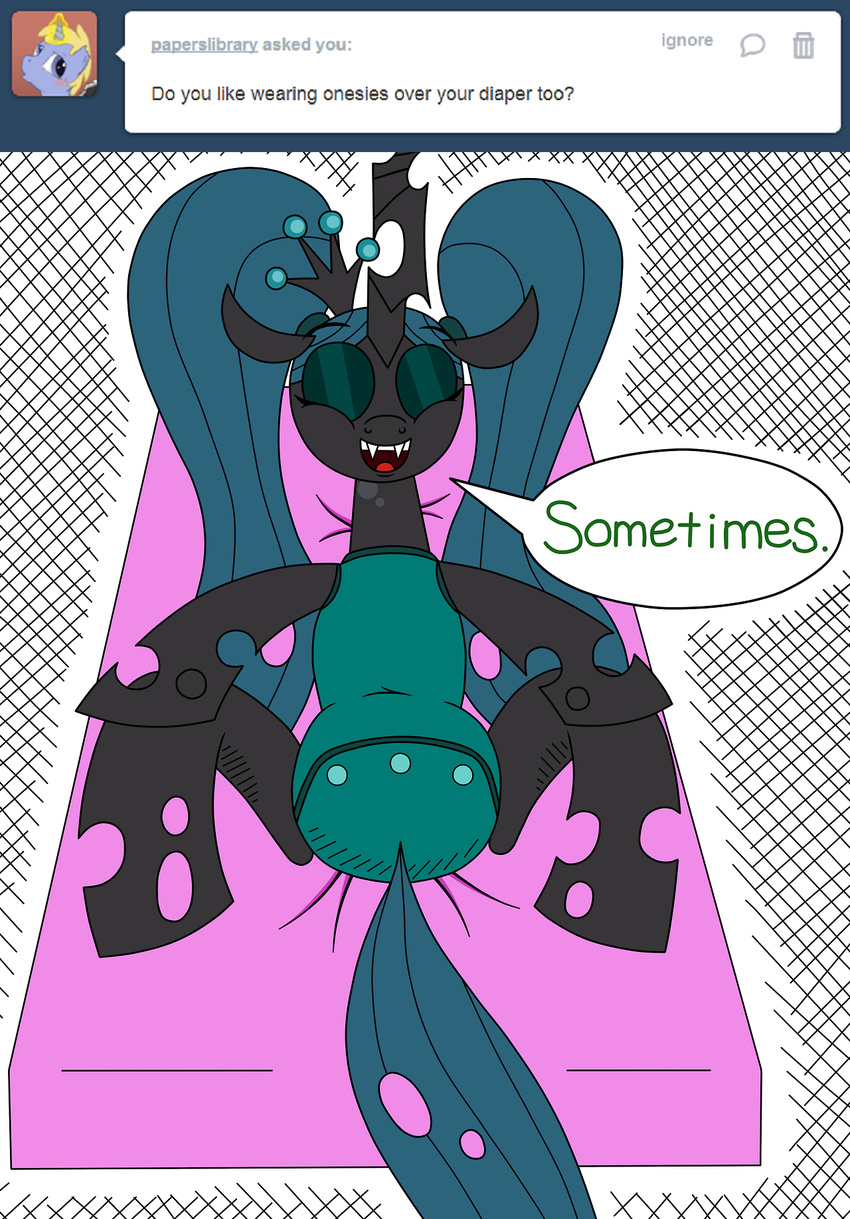 ask_crinkle_bottom_chrysalis changeling clothing crinklebottomchrysalis dialog diaper english_text equine eyes_closed fangs female feral friendship_is_magic green_hair hair holes horn lying mammal my_little_pony onesie queen_chrysalis queen_chrysalis_(mlp) solo spread_legs spreading text tumblr twintails wings