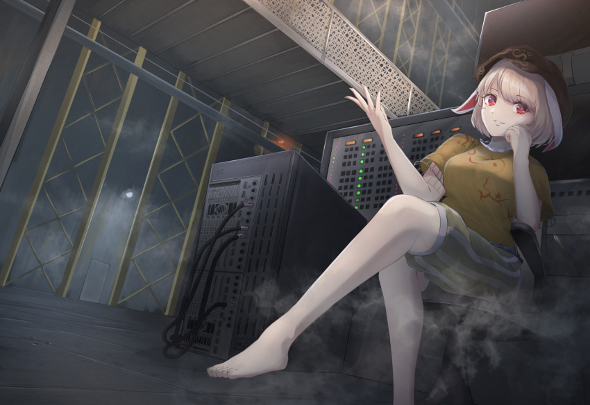1girl animal_ears arm_up bangs bare_legs barefoot blonde_hair breasts bunny_ears cacao_devil catwalk chair commentary_request elbow_rest eyebrows_visible_through_hair flat_cap floppy_ears foot_out_of_frame from_below hat head_rest highres indoors leg_lift looking_at_viewer medium_breasts parted_lips red_eyes ringo_(touhou) server shirt short_hair short_sleeves shorts sitting smile smoke solo striped striped_shorts swept_bangs touhou warehouse yellow_shirt