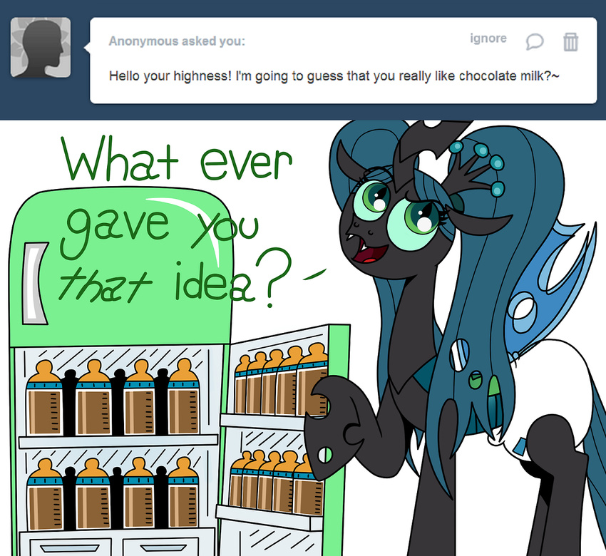 ask_crinkle_bottom_chrysalis bottle changeling chocolate_milk clothing crinklebottomchrysalis dialog diaper english_text equine eyes_closed fangs female feral fridge friendship_is_magic green_eyes green_hair hair holes horn mammal my_little_pony plain_background queen_chrysalis queen_chrysalis_(mlp) solo text tumblr twintails white_background wings
