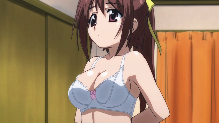 bra breasts brown_hair curtains highres mitsuki_sohara pink_ribbon purple_eyes ribbon sora_no_otoshimono underwear white_bra yellow_ribbon