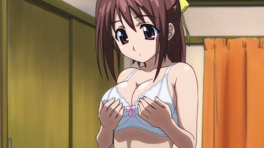 bra breast_grab breasts brown_hair curtains grabbing highres mitsuki_sohara pink_ribbon purple_eyes ribbon sora_no_otoshimono underwear white_bra yellow_ribbon