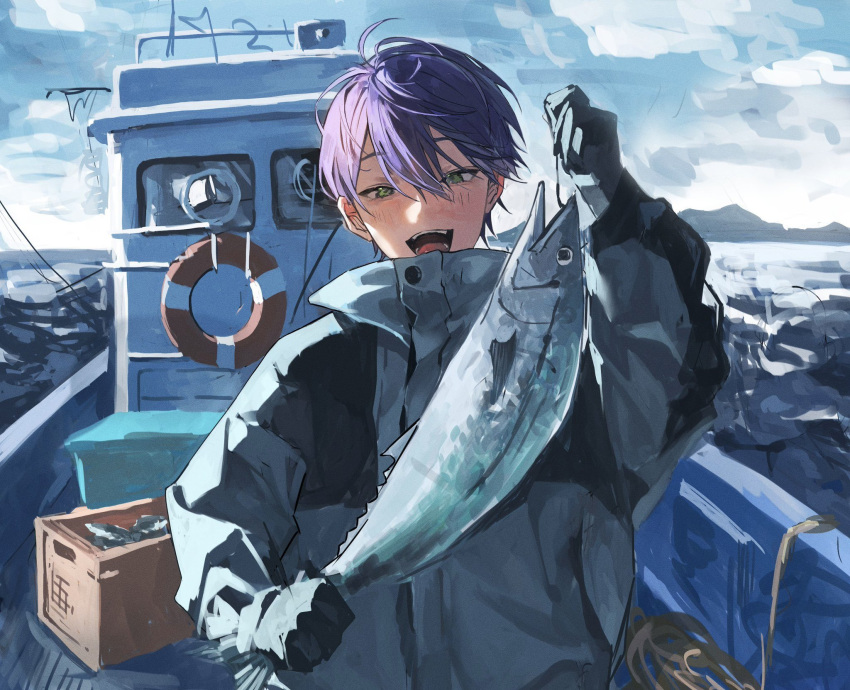 1boy animal bangs black_gloves blue_sky boat character_request commentary_request copyright_request day fish gloves green_eyes hair_between_eyes highres holding holding_animal holding_fish long_bangs long_sleeves looking_at_viewer male_focus mountainous_horizon muntai ocean open_mouth purple_hair rescue_buoy rope short_hair sky solo standing straight-on teeth tongue upper_body upper_teeth watercraft