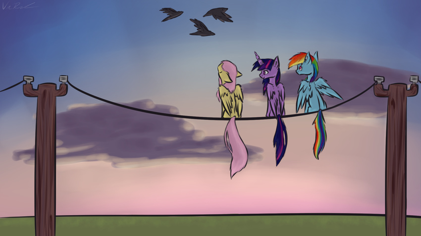 2013 avian bird blue_feathers blue_fur blue_hair cloud clouds equine female feral fluttershy_(mlp) friendship_is_magic fur group hair hi_res horn horse looking_away mammal multi-colored_hair my_little_pony nos-talgia outside pegasus pink_hair pole pony purple_body purple_clouds purple_eyes purple_feathers purple_fur purple_hair rainbow_dash_(mlp) rainbow_hair signature simple_background sitting sky sunset telephone_pole twilight_sparkle_(mlp) wallpaper winged_unicorn wings wire yellow_feathers yellow_fur