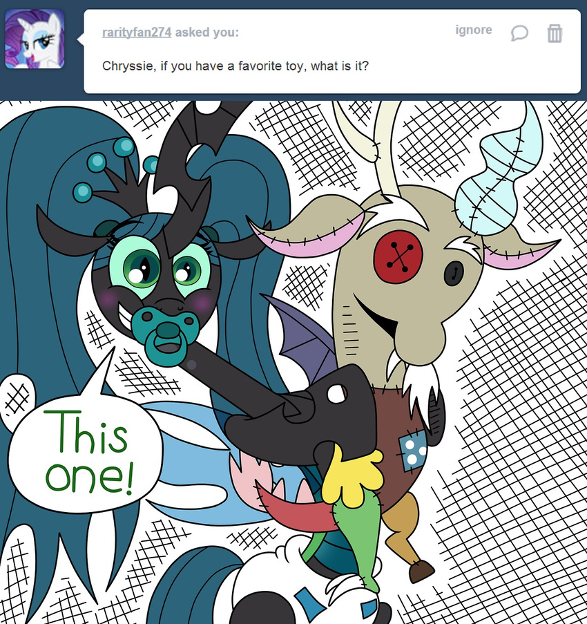 ask_crinkle_bottom_chrysalis changeling clothing crinklebottomchrysalis dialog diaper discord_(mlp) doll draconequus english_text equine eyes_closed fangs female feral friendship_is_magic green_hair hair holes horn mammal my_little_pony pacifier plushie queen_chrysalis queen_chrysalis_(mlp) solo text tumblr twintails wings