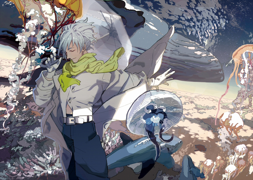 belt buckle clear_(dramatical_murder) closed_eyes cloud coral dima dramatical_murder fish gloves jacket jellyfish long_coat long_sleeves male_focus pants scarf shark smile solo standing umbrella whale white_hair wind