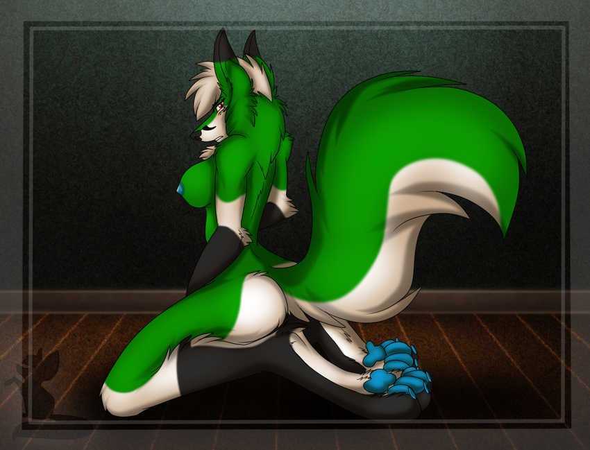 4_toes absinthy blue_nipples blue_paws breasts butt canine claws digitigrade female fluffy_tail four_toes fox foxfury fur green_fur hair hindpaw kneeling looking_at_viewer mammal nipples nude pawpads paws soles solo toes white_fur white_hair