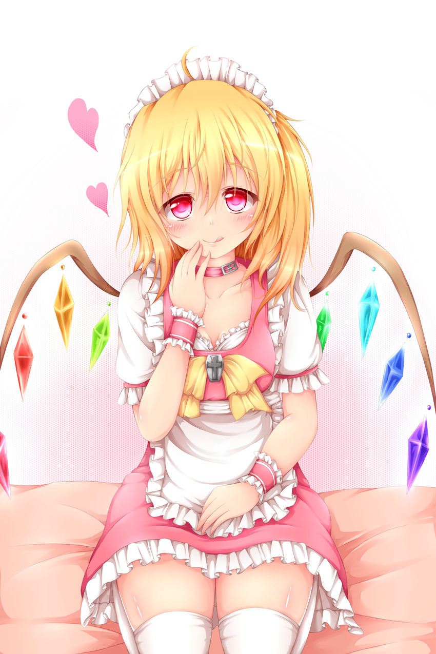 :d absurdres adapted_costume ahoge akkii_(meragold) alternate_costume alternate_headwear apron bad_id bad_pixiv_id blonde_hair blush bow choker collarbone enmaided flandre_scarlet heart highres maid maid_headdress open_mouth red_eyes ribbon short_hair side_ponytail skirt skirt_set smile solo thighhighs touhou white_legwear wings wrist_cuffs