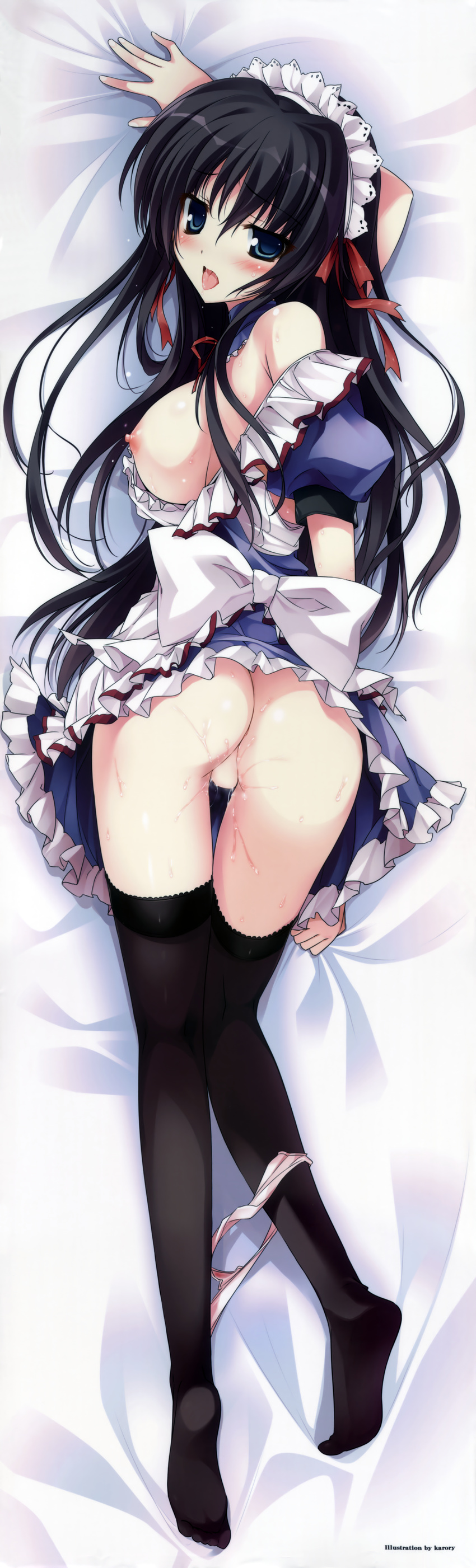 absurdres apron arm_up ass bed_sheet black_hair black_legwear blue_eyes blush breasts copyright_request d: dakimakura detached_collar dress_pull full_body highres huge_filesize karory large_breasts lying maid maid_headdress nipples no_pussy on_side open_mouth panties panties_around_one_leg pink_panties pussy_juice pussy_juice_stain pussy_juice_trail sheet_grab solo thighhighs tongue tongue_out underwear