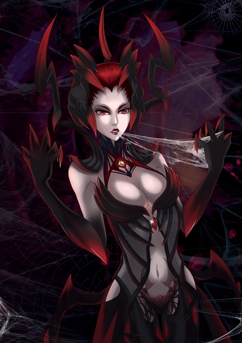 1girl absurdres artist_request breasts cleavage elise elise_(league_of_legends) female highres jewelry league_of_legends lipstick makeup navel red_etes red_eyes red_hair red_lipstick ross6410 silk solo spider_web