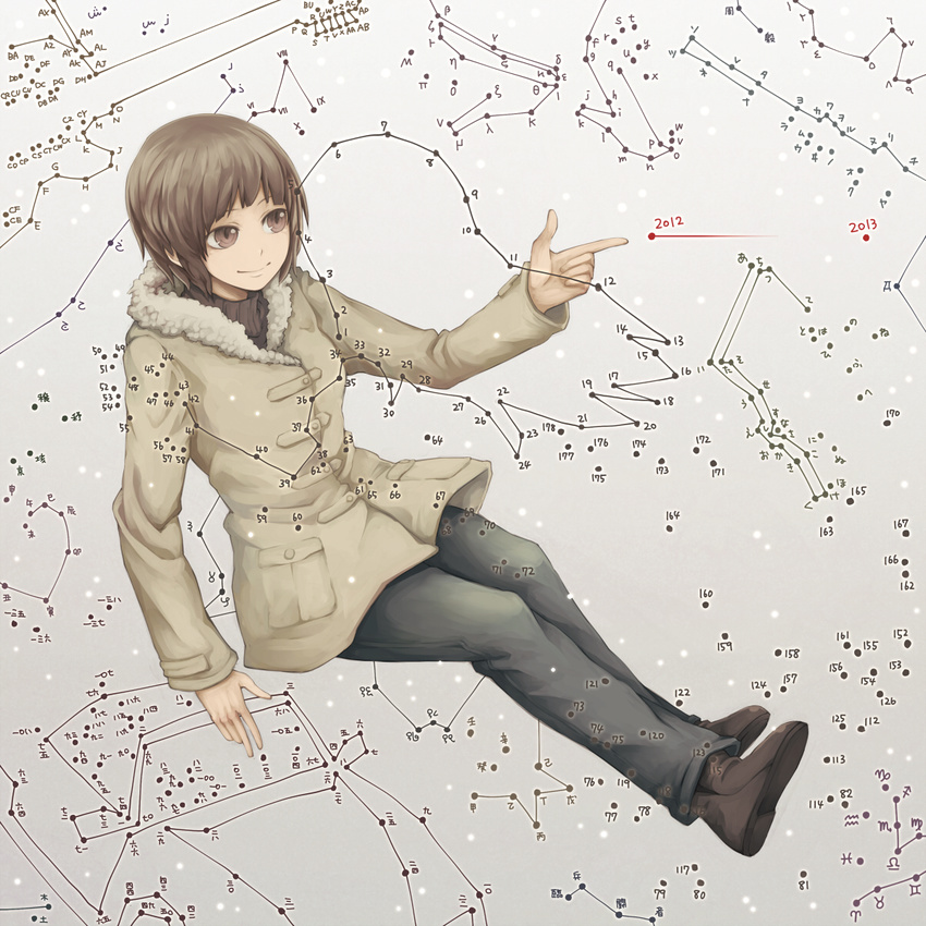 1girl boots brown_eyes brown_hair car casual connect_the_dots guitar highres instrument jacket motor_vehicle new_year original pants pointing shoes short_hair sitting smile solo surreal text vehicle yajirushi_(chanoma)