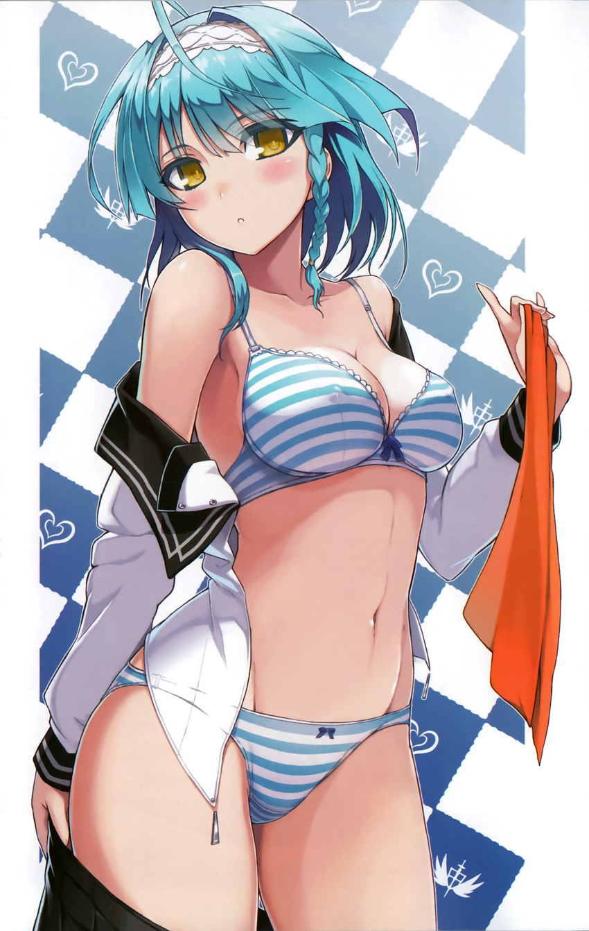 absurdres ahoge blue_hair blush bow bow_panties bra braid breasts cleavage collarbone covered_nipples eyebrows_visible_through_hair groin hairband highres looking_at_viewer medium_breasts navel nonaka_yuki novel_illustration off_shoulder official_art ookuma_(nitroplus) panties parted_lips scan school_uniform serafuku shinmai_maou_no_testament short_hair side_braid skirt skirt_pull solo source_request striped striped_bra striped_panties underwear undressing yellow_eyes