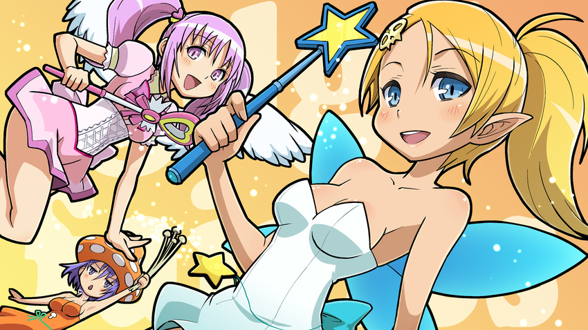 blonde_hair breasts cleavage fairy fairy_wings gdgd_fairies haganemaru_kennosuke hair_ornament highres korokoro multiple_girls pikupiku pink_hair ponytail purple_hair shirushiru skull_hair_ornament small_breasts twintails wand wings