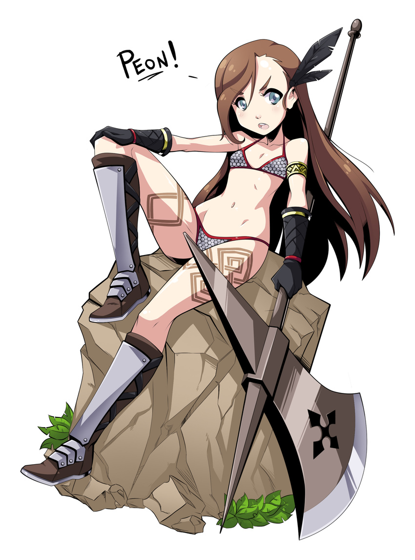 amazon_(dragon's_crown) amazon_(dragon's_crown)_(cosplay) armor bikini_armor blue_eyes boots brown_hair cosplay dragon's_crown feathers flat_chest gloves greaves hair_feathers halberd hand_on_own_knee highres huge_weapon knee_boots long_hair navel original polearm princess_pettanko reclining rock solo spike_wible tattoo weapon