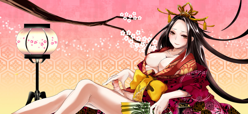 areolae bad_id bad_pixiv_id breasts brown_eyes crown fan futanari highres japanese_clothes kimono large_breasts long_hair memai original solo very_long_hair