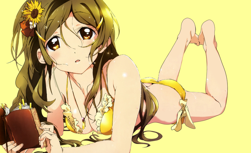 absurdres barefoot bikini book breasts brown_eyes brown_hair cleavage flower hair_flower hair_ornament hairclip highres kouno_megumi legs_up long_hair lying md5_mismatch medium_breasts on_stomach shinomiya_himawari simple_background solo swimsuit the_pose vividred_operation wet yellow_background