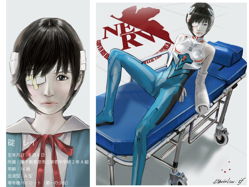 alternate_hair_color ayanami_rei bandages black_hair blood bodysuit cast cosplay ebba eyepatch ikari_shinji ikari_shinji_(cosplay) injury lips neon_genesis_evangelion plugsuit realistic short_hair solo stretcher