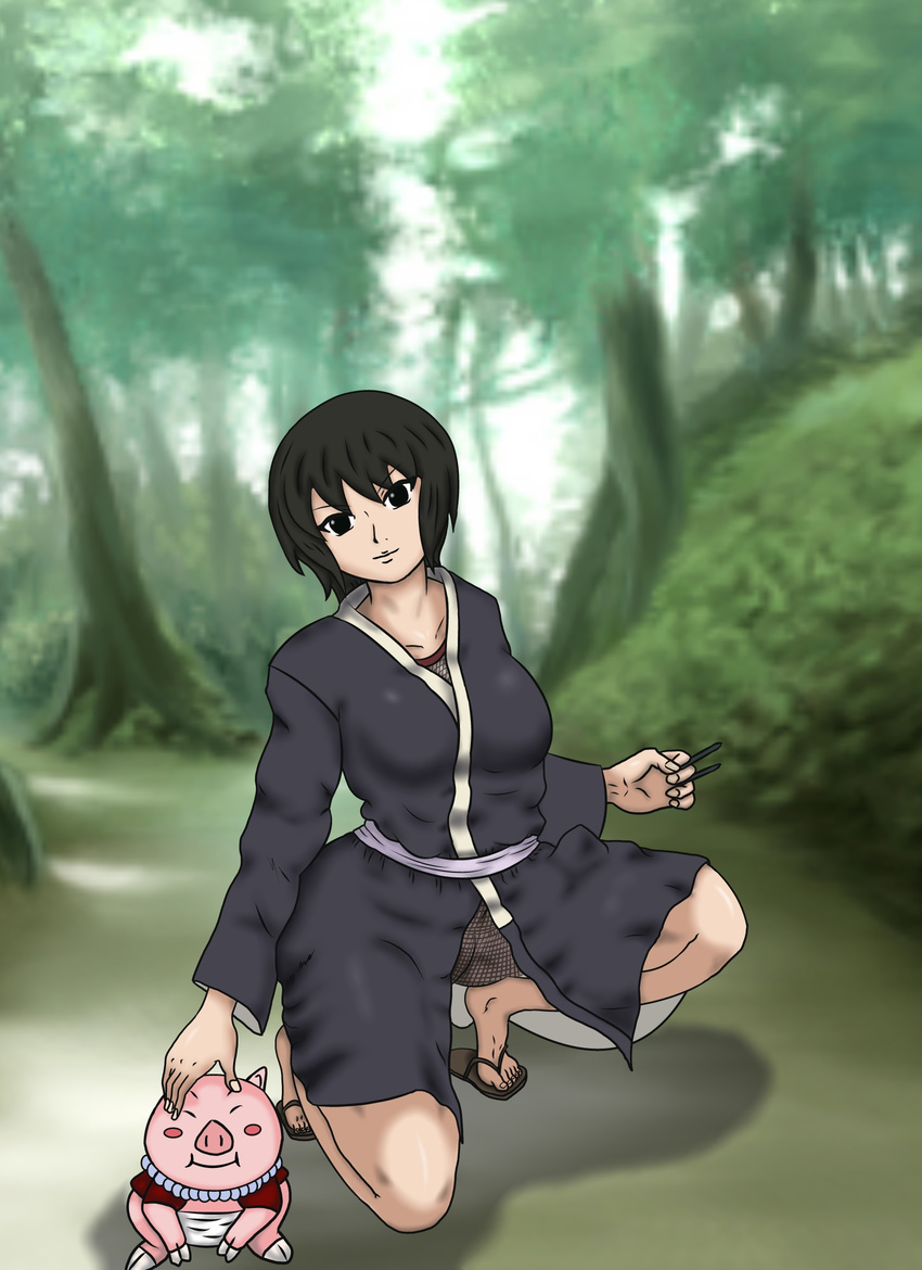 black_eyes black_hair forest highres japanese_clothes kimono magellan_(urumi0107) naruto nature sandals shizune_(naruto) squatting tonton_(naruto)