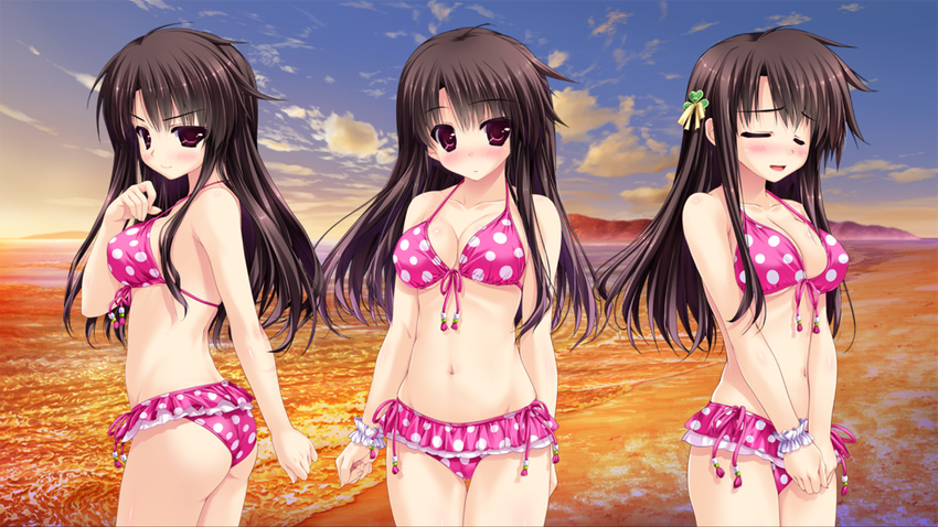 bikini black_hair blush breasts cleavage closed_eyes front-tie_top hair_ornament kugayama_konoka large_breasts long_hair pink_bikini polka_dot polka_dot_bikini polka_dot_swimsuit prism_recollection! purple_eyes shintarou strap_gap swimsuit