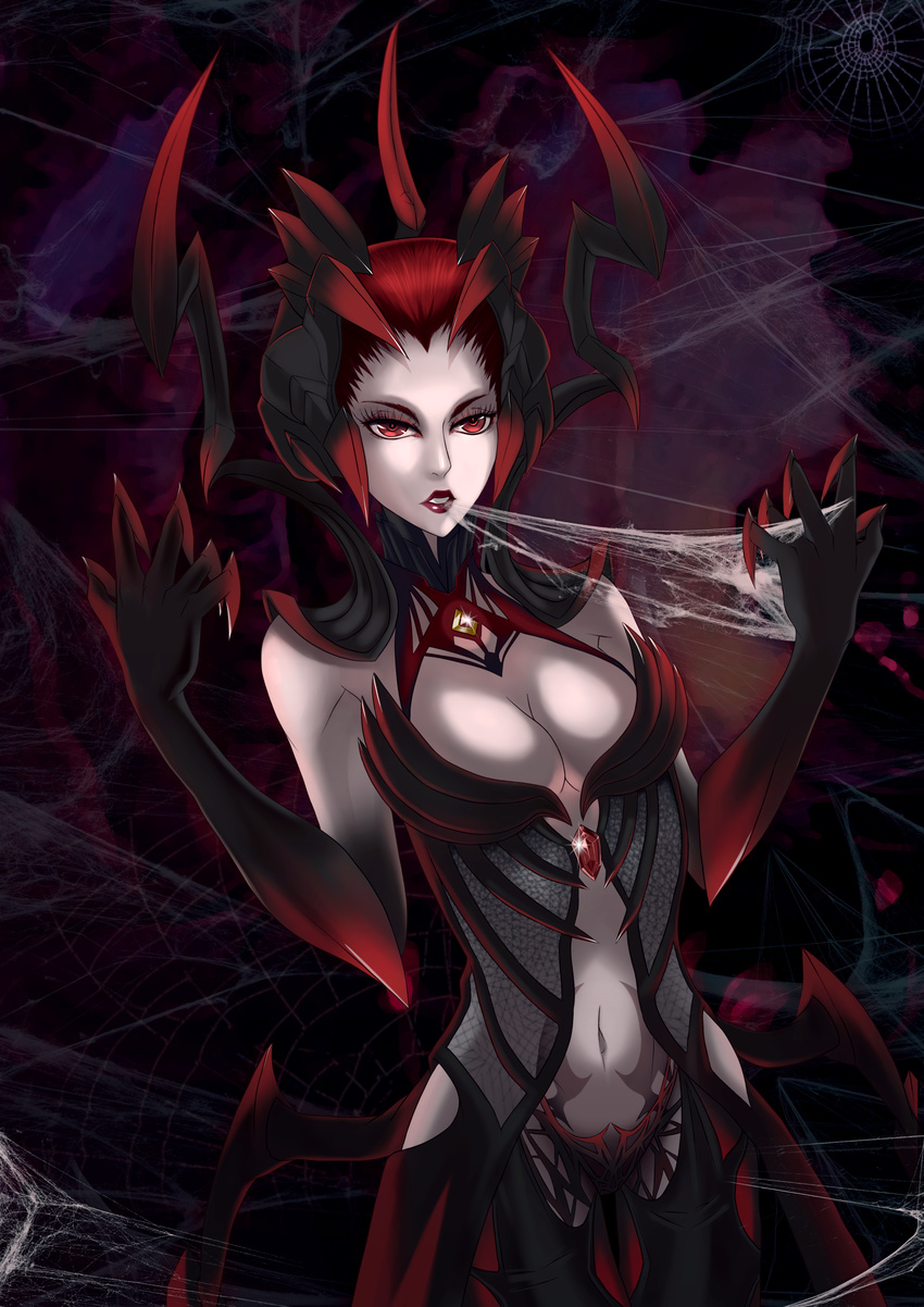 absurdres breasts claws cleavage elise_(league_of_legends) gem helmet highres insect_girl league_of_legends lips monster_girl mouth_hold navel red_eyes red_hair ross6410 short_hair silk solo spider_girl spider_web