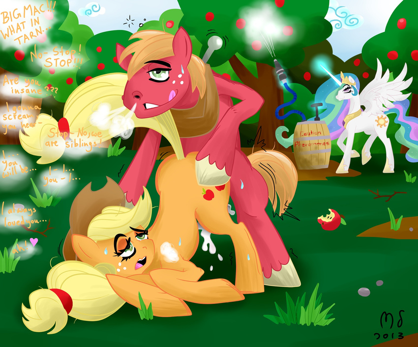 &lt;3 all_fours apple applejack_(mlp) being_watched bent_over big_macintosh_(mlp) blonde_hair cloud clouds cowboy_hat cum cum_inside cutie_mark doggystyle drugs english_text equine female feral forced freckles friendship_is_magic from_behind fruit green_eyes group hair half-closed_eyes hat horn horse incest male mammal modernstormtrooper multi-colored_hair my_little_pony outside penetration pony princess princess_celestia_(mlp) purple_eyes rape royalty sex straight text tongue tree winged_unicorn wings yoke