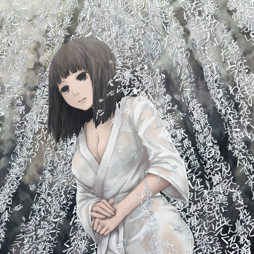 1girl black_eyes black_hair breasts cleavage highres japanese_clothes kimono large_breasts looking_down open_mouth original rain see-through short_hair solo surreal text wet yajirushi_(chanoma)