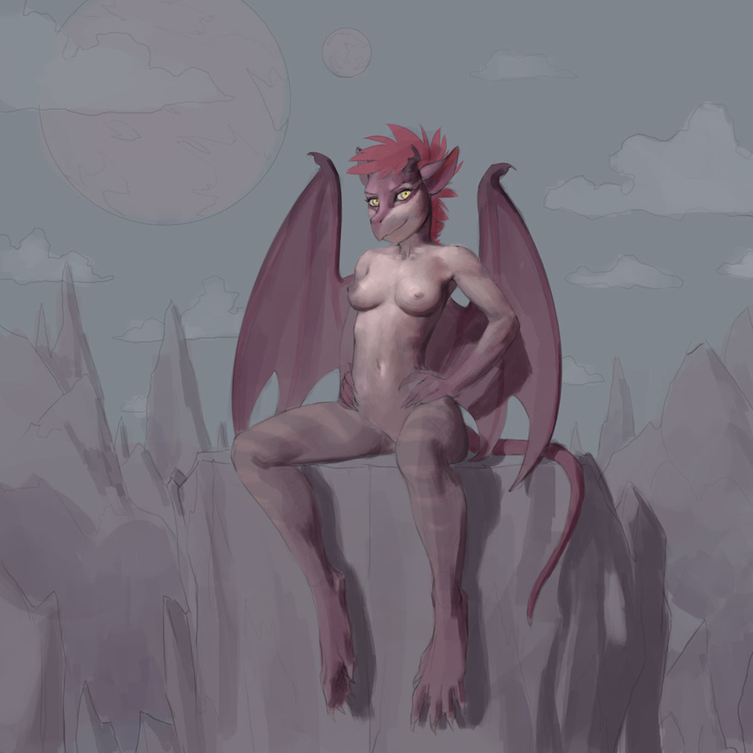 dragon female hair horn invalid_tag lizard looking_at_viewer mountain nipples nude red_hair reptile scalie sitting solo voronoi wings work_in_progress yellow_eyes