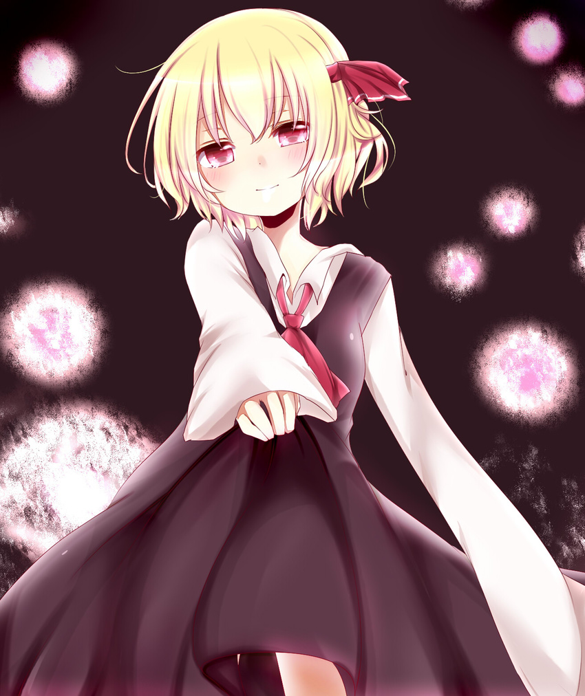 ascot bad_id bad_pixiv_id black_dress blonde_hair blush darkness dress dress_lift highres lights long_sleeves looking_at_viewer misa_(kaeruhitode) outstretched_arm outstretched_hand pink_eyes rumia shirt short_hair smile solo touhou