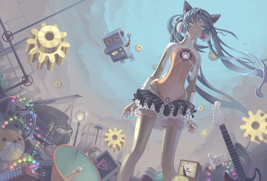 aqua_eyes aqua_hair breasts bunny electric_guitar gears grand_piano guitar hatsune_miku highres instrument long_hair madyy megaphone odds_&amp;_ends_(vocaloid) piano project_diva_(series) project_diva_f robot skirt small_breasts solo stuffed_animal stuffed_toy teddy_bear thighhighs twintails very_long_hair vocaloid