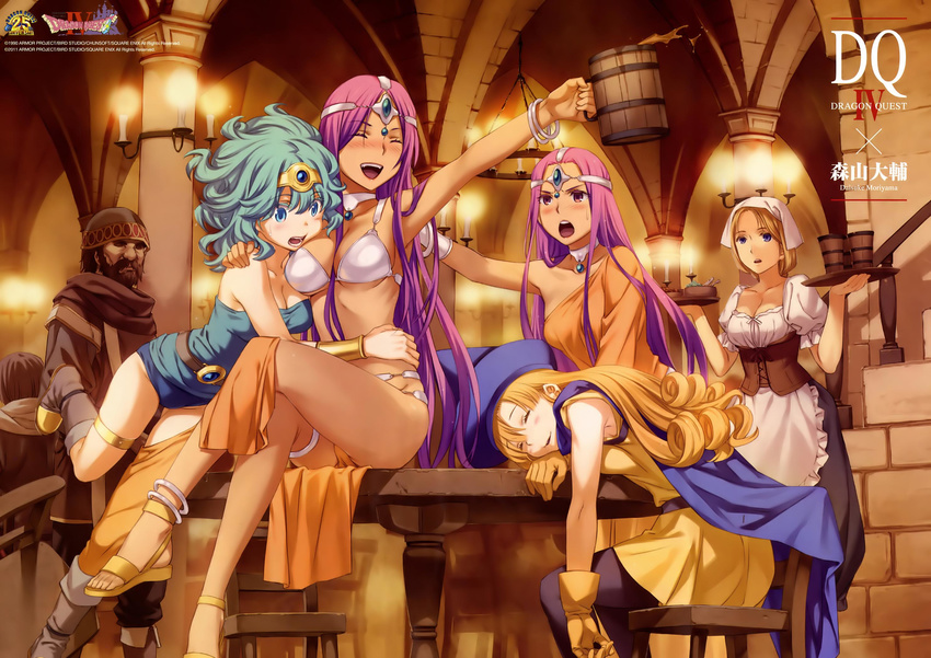 5girls :d :o alena alena_(dq4) anklet apron asymmetrical_clothes beard bikini_top blonde_hair blue_eyes blush boots bracelet breasts cape chair choker chunsoft circlet cleavage cup curly_hair dark_skin dragon_quest dragon_quest_iv dress enix eyes_closed faceless faceless_male facial_hair gloves green_hair hat heroine_(dq4) highres hug jewelry leg_garter legs_crossed leotard lipstick loincloth long_hair lots_of_jewelry makeup manya minea moriyama_daisuke mug multiple_girls mustache official_art open_mouth orange_hair pantyhose purple_eyes purple_hair sandals short_dress short_hair siblings single_thighhigh sisters sitting sleeping smile table thighhighs twins