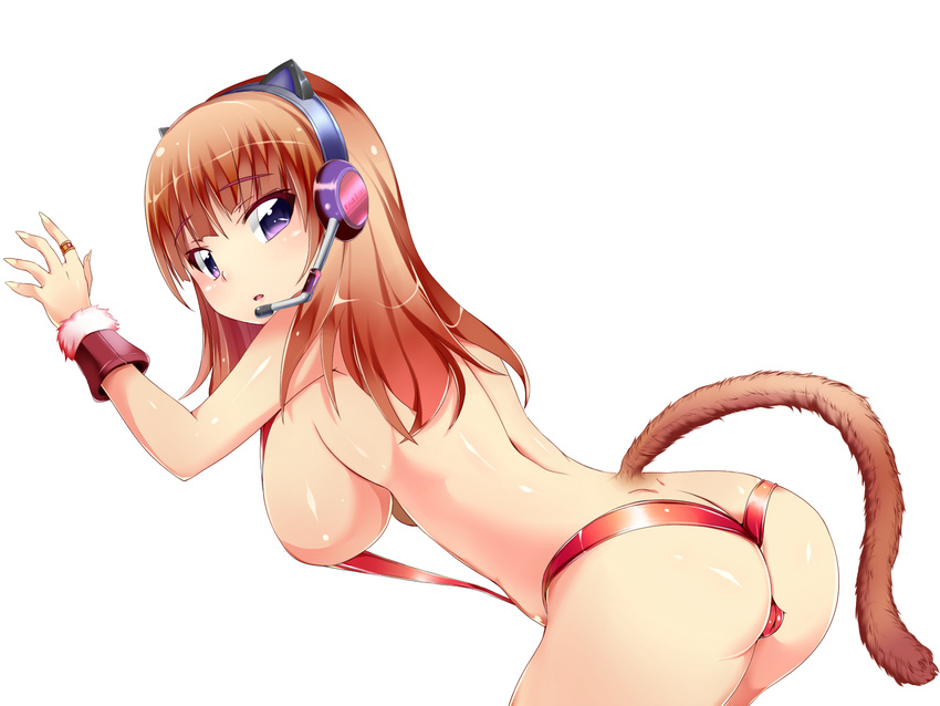 ass bad_id bad_pixiv_id breasts brown_hair cat_tail headset highres jewelry karaage_teishoku_(regret1994) large_breasts leaning_forward long_hair original purple_eyes ring sideboob simple_background slingshot_swimsuit solo swimsuit tail white_background
