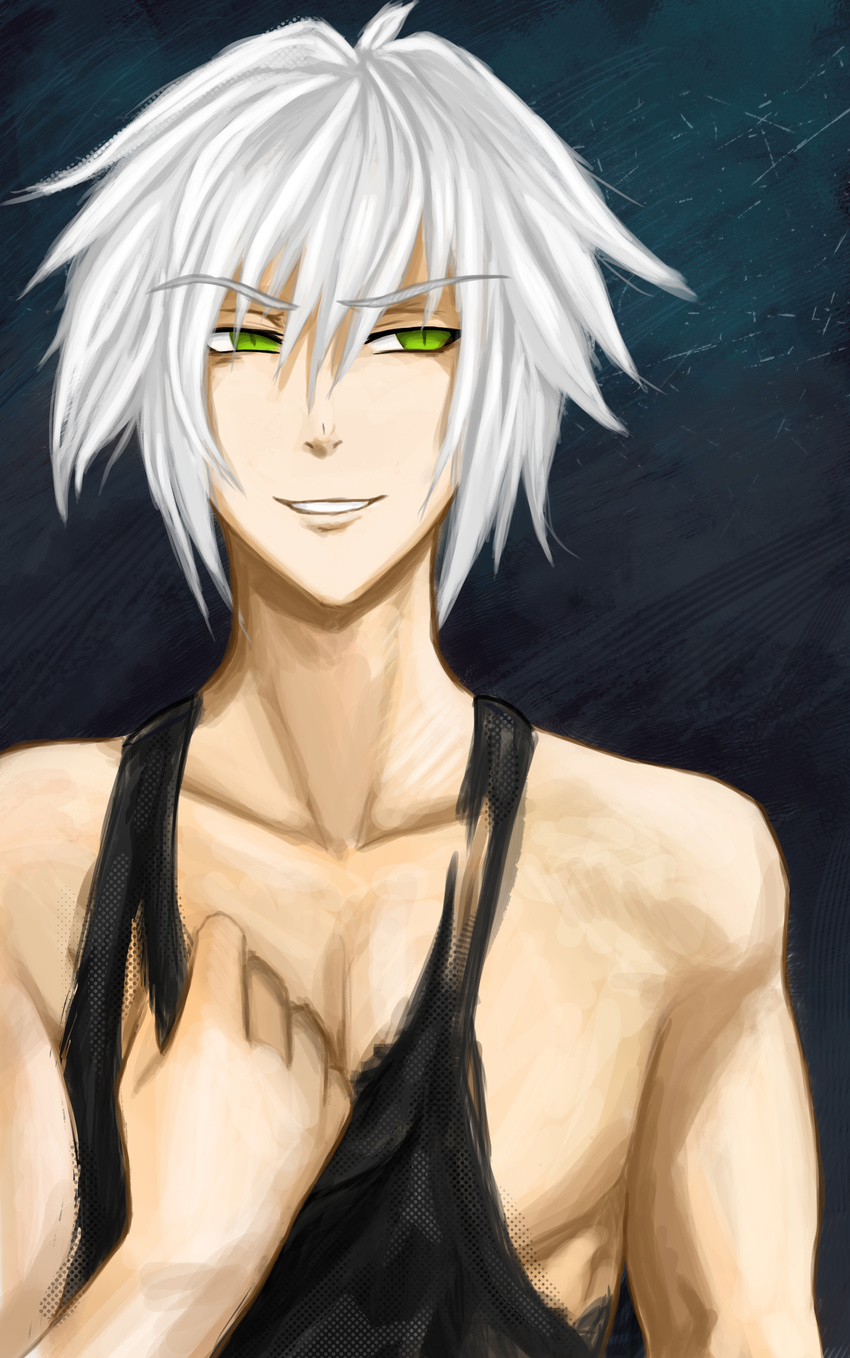 1boy absurdres chest evil green_eyes highres male male_focus mirage_noir muscle noire_ighaan smirk solo tank_top torn_clothes vesper vesper_(mirage_noir) white_hair