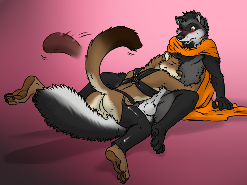 anthro balls blush cape chaps distorter duo eyes_closed ferret gay harness male mammal mustelid nude sheath tailwag topless weasel