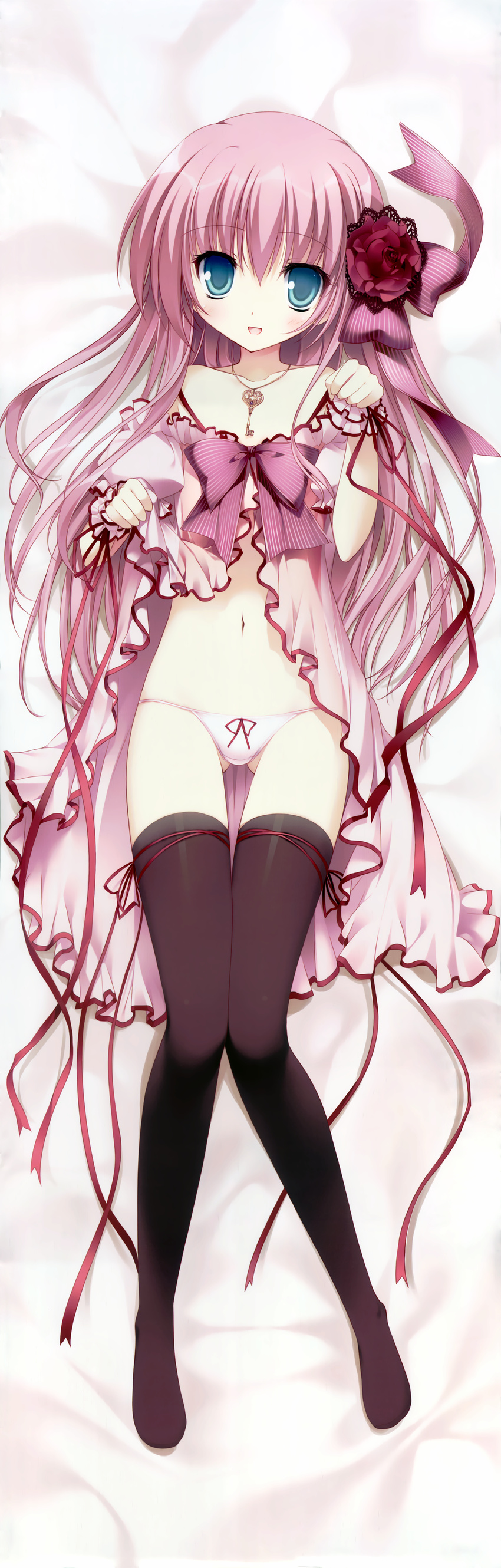 :d absurdres babydoll bed bed_sheet black_legwear blush collarbone copyright_request dakimakura flower from_above full_body green_eyes hair_flower hair_ornament highres huge_filesize jewelry karory key keychain knees_together_feet_apart legs looking_at_viewer lowleg lowleg_panties navel necklace on_bed open_mouth panties paw_pose pink_hair pink_panties ribbon rose smile solo string_panties thigh_ribbon thighhighs underwear