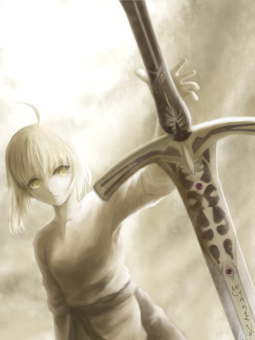 ahoge artoria_pendragon_(all) caliburn doll_(discs) fate/stay_night fate_(series) highres monochrome saber solo sword tunic weapon yellow_eyes younger