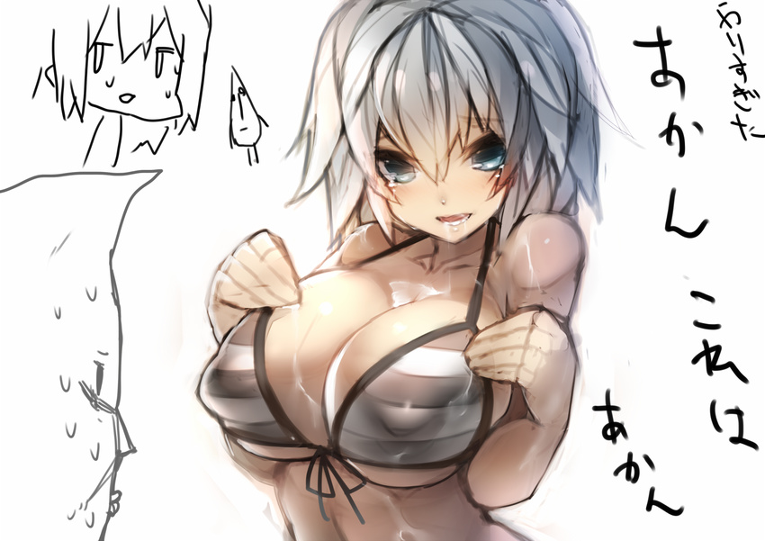 bikini blue_eyes breasts cleavage covered_nipples large_breasts mamuru open_mouth original short_hair silver_hair simple_background sketch smile solo striped striped_bikini swimsuit