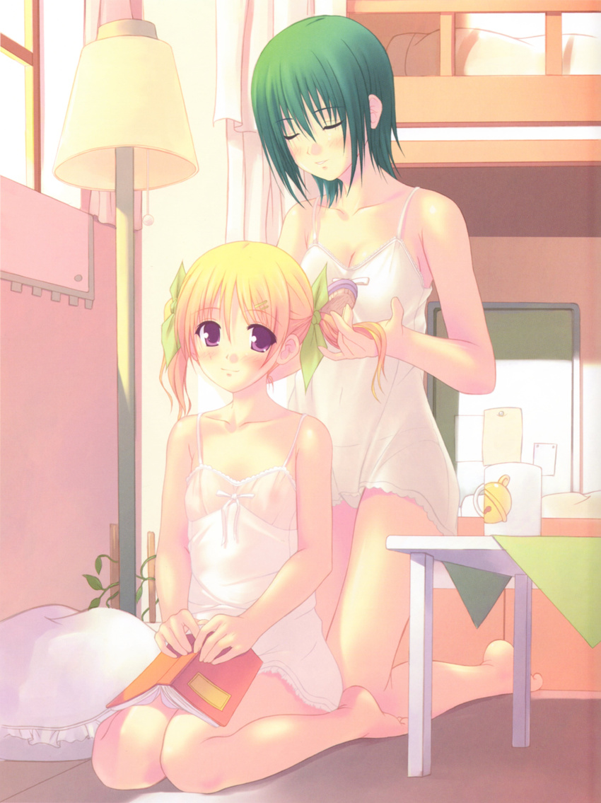 2girls absurdres akamaru bare_shoulders barefoot blonde_hair blush book breasts camisole chemise comb eyes_closed female flat_chest from_behind green_hair hair_brush hair_brushing hands happy highres kneeling multiple_girls nipples no_bra purple_eyes ribbon see-through short_hair smile twintails yuri