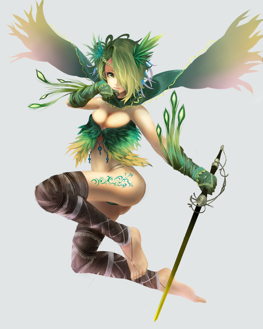 akai_kitsune ass bad_id bad_pixiv_id breasts brown_legwear cape cleavage elbow_gloves gloves green_eyes green_hair green_panties hair_ornament hair_over_one_eye highres large_breasts looking_at_viewer no_pants no_shoes original panties shirt solo sword tattoo thighhighs underwear weapon