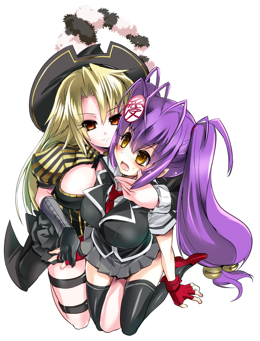 absurdres black_legwear blonde_hair breasts charles_d'artagnan gloves highres hyakka_ryouran_samurai_girls large_breasts long_hair multiple_girls naoe_kanetsugu_(hyakka_ryouran) purple_hair school_uniform thighhighs tokita_monta