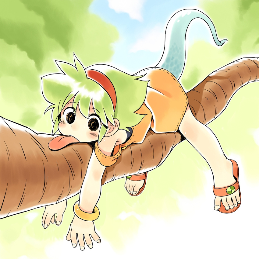 bracelet dress feet full_body green_hair hairband in_tree jewelry legs lying on_back original oyatsu_(mk2) sandals short_hair tail toes tongue tongue_out tree