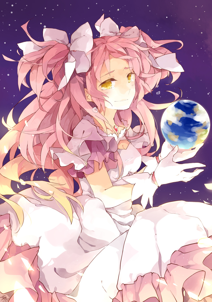 absurdres bow breasts cleavage dress earth gloves hair_bow highres kaname_madoka looking_at_viewer mahou_shoujo_madoka_magica medium_breasts pink_hair shuzi solo space star_(sky) tears two_side_up ultimate_madoka yellow_eyes