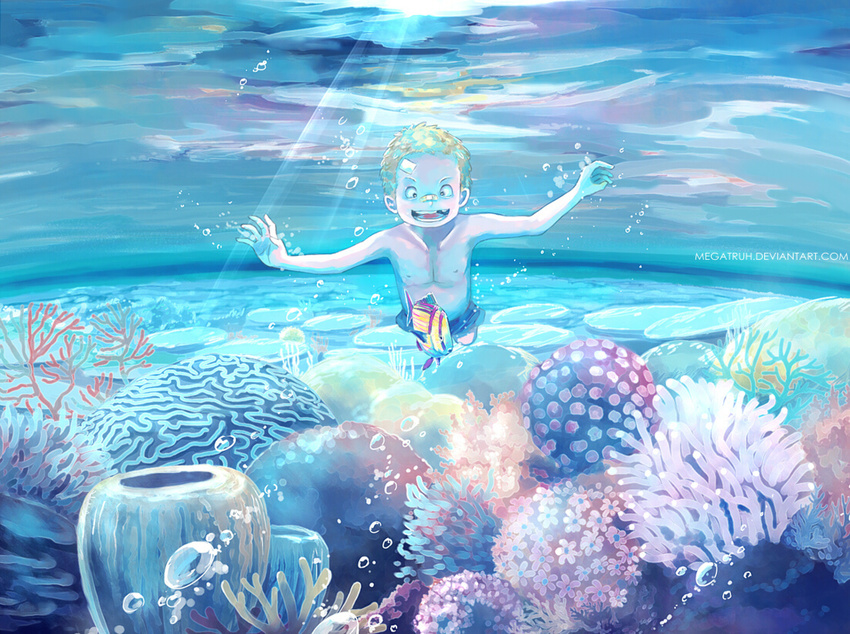 1boy blonde_hair child corral fish male male_focus megatruh missing_tooth ocean one_piece sabo_(one_piece) solo swimming topless underwater water